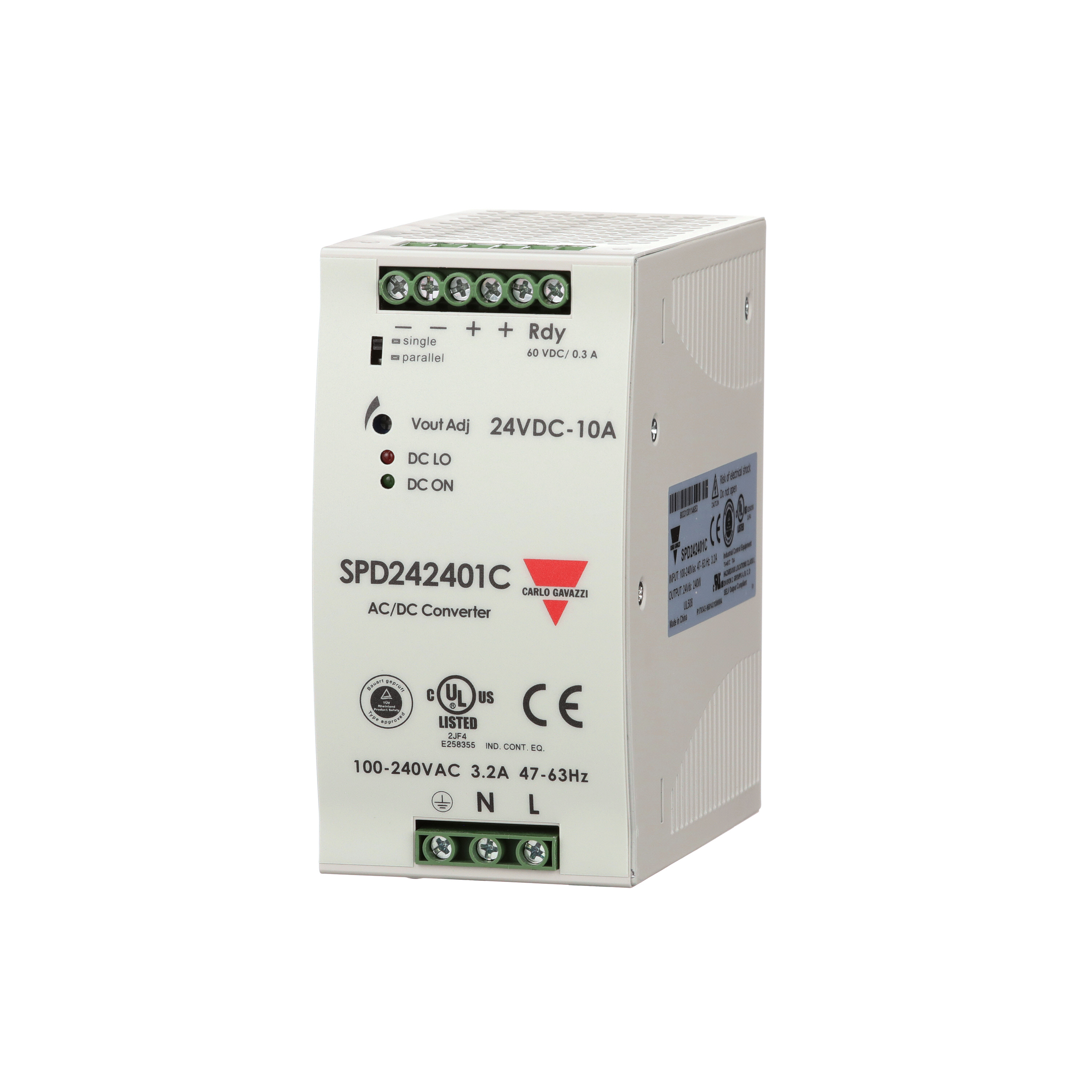 Carlo Gavazzi Switching Power Supply; 24VDC OUT; 10A; 88-264VAC / 120-375VDC IN; Single-Phase; DIN Rail Mount